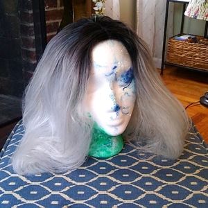 Ombre silver black wig medium long synthetic